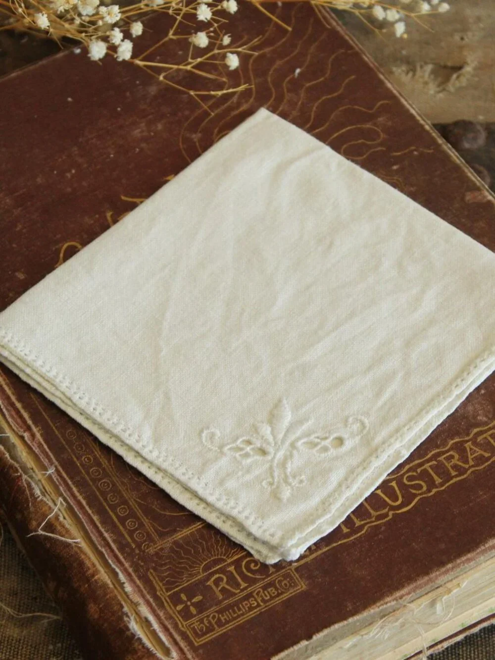 Vintage 1940s Cocktail or Tea Napkin, Ivory Linen with Madeira Fleur de Lis Embr